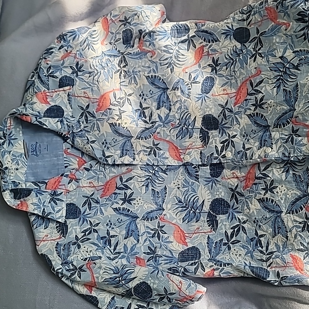 Izod Men's Button-down Shirt Sz L Blue Flamingo Pineapple Tropical Saltwater
